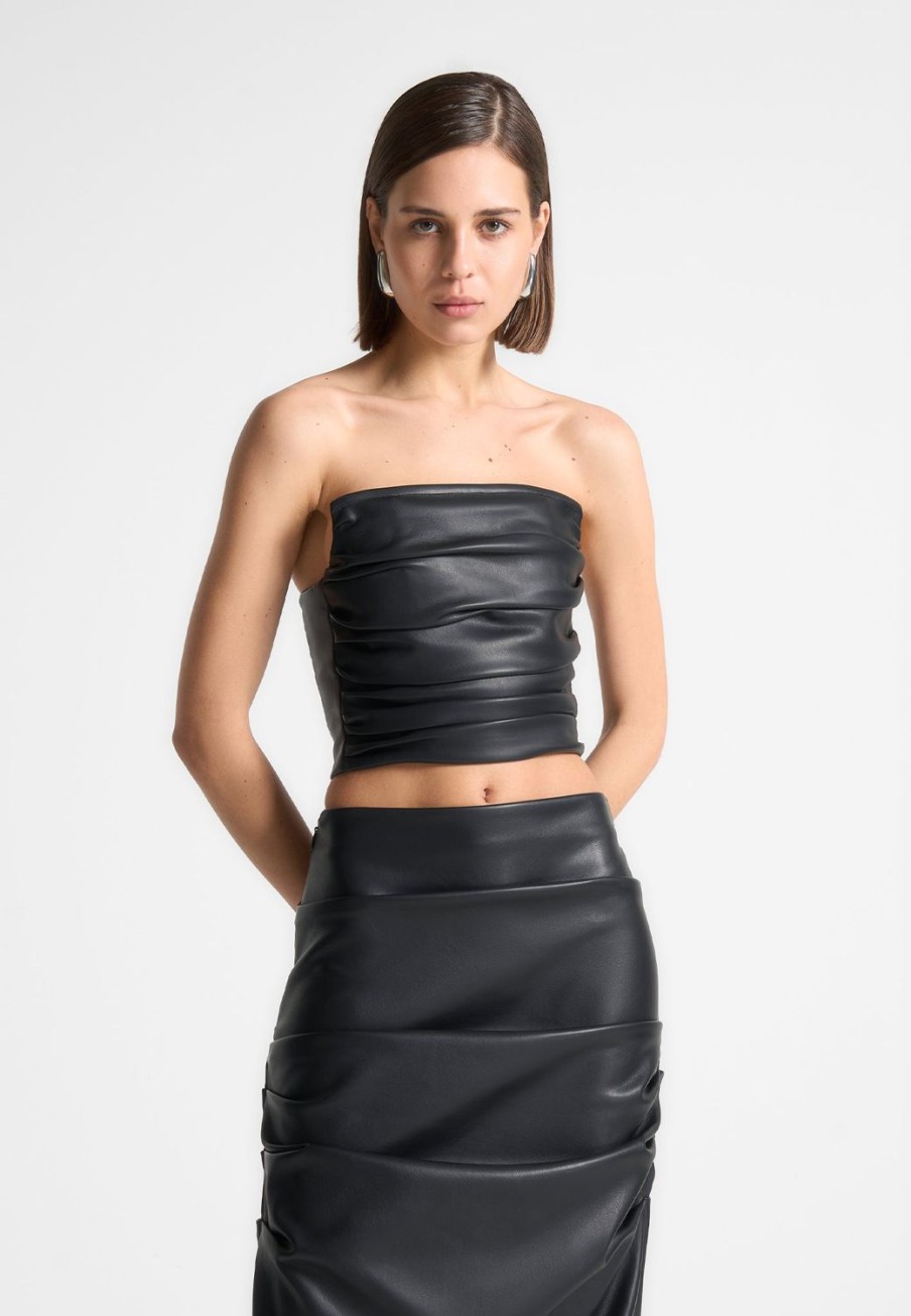 Maniere De Voir Vegan Leather Pleated Bandeau Corset Top | Matching Sets