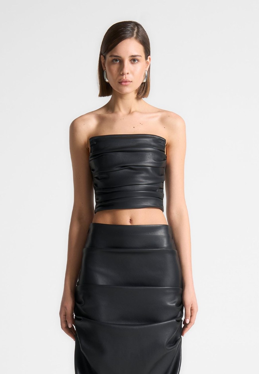 Maniere De Voir Vegan Leather Pleated Bandeau Corset Top | Matching Sets