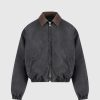 Maniere De Voir Denim Padded Cropped Bomber Jacket - Washed Grey | Jackets