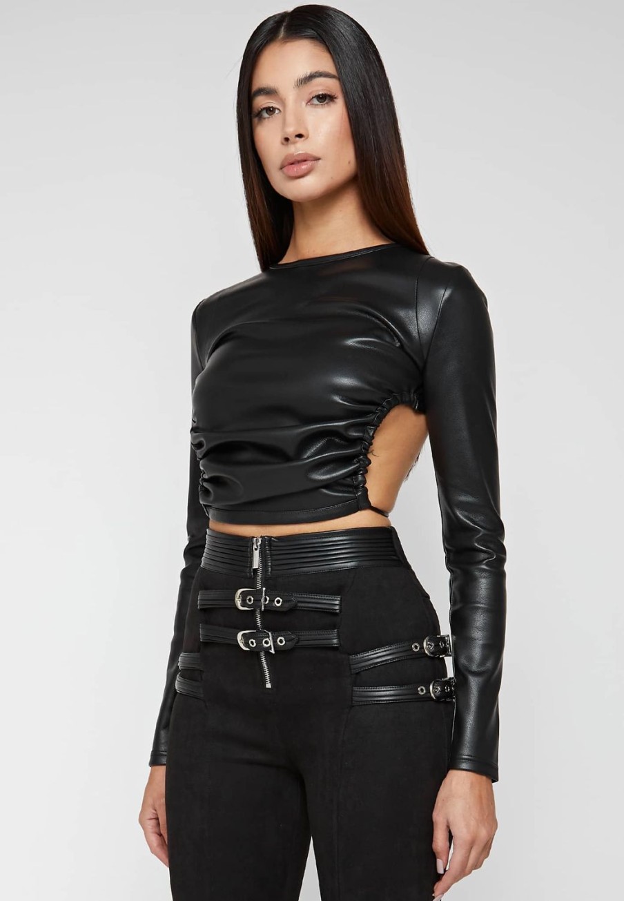 Maniere De Voir Vegan Leather Backless Top | Tops & T Shirts