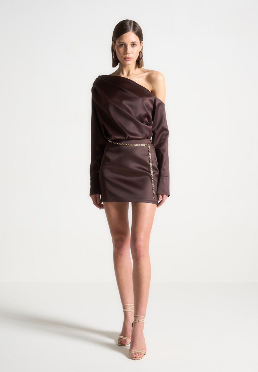 Maniere De Voir Off Shoulder Draped Satin Mini Dress With Belt | Dresses