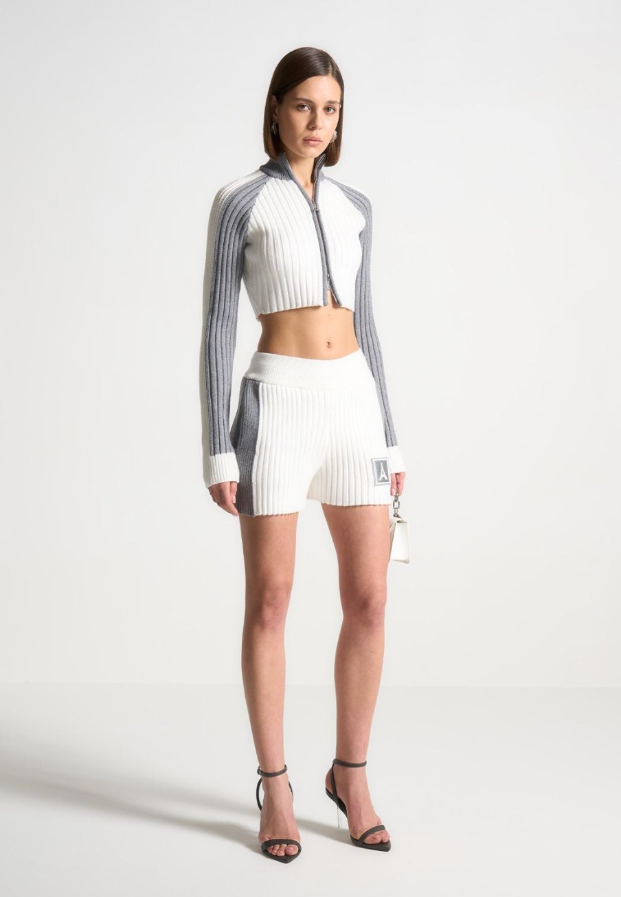 Maniere De Voir Rib Knit Track Shorts - Off White/Grey | Shorts