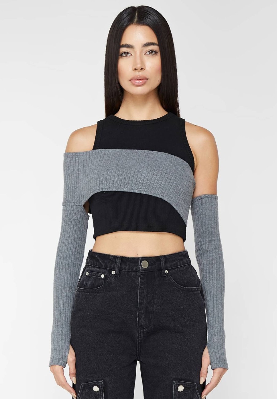 Maniere De Voir Crop Top With Knitted Overlay | Tops & T Shirts