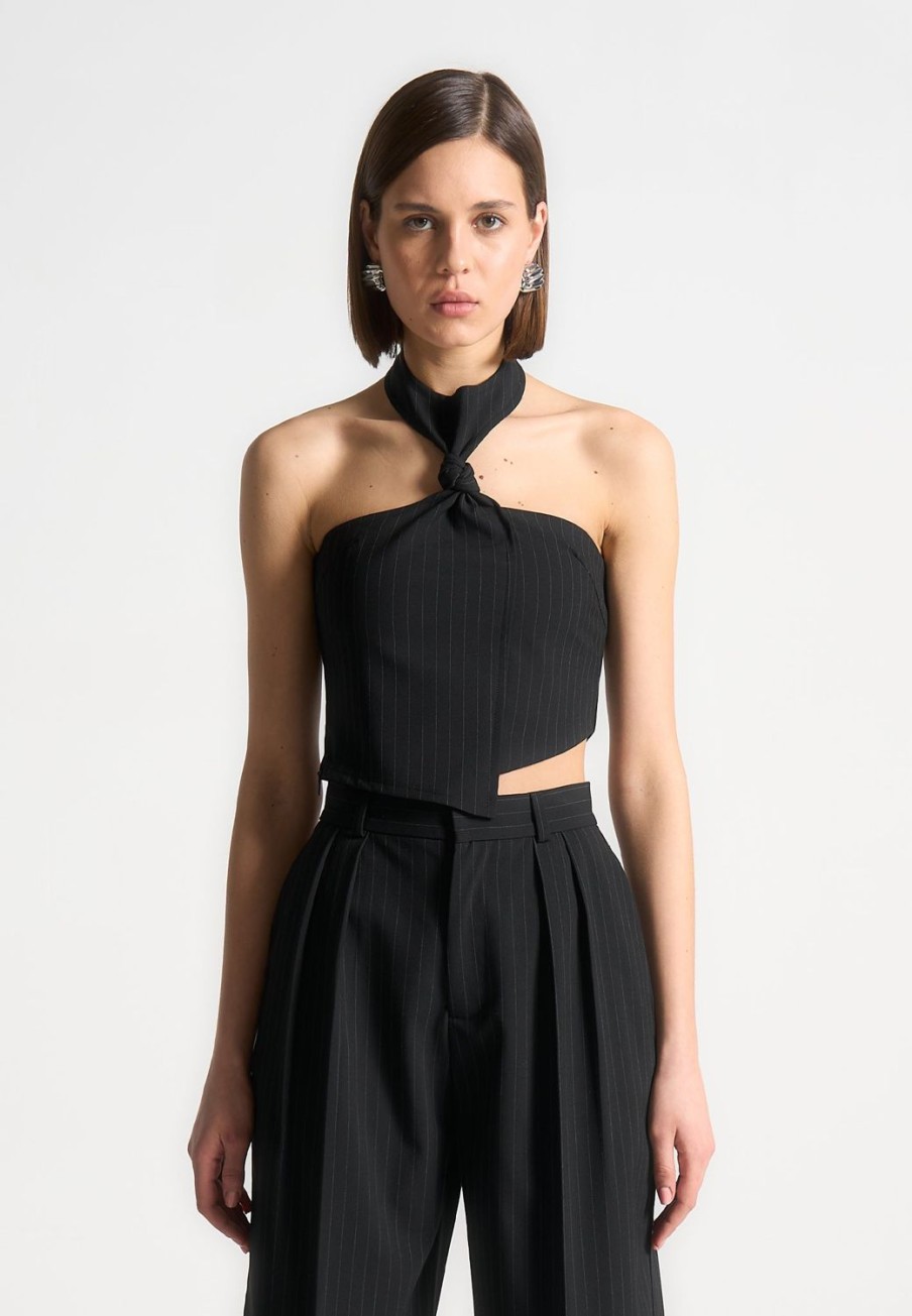 Maniere De Voir Pinstripe Tie Knot Halter Top | Matching Sets