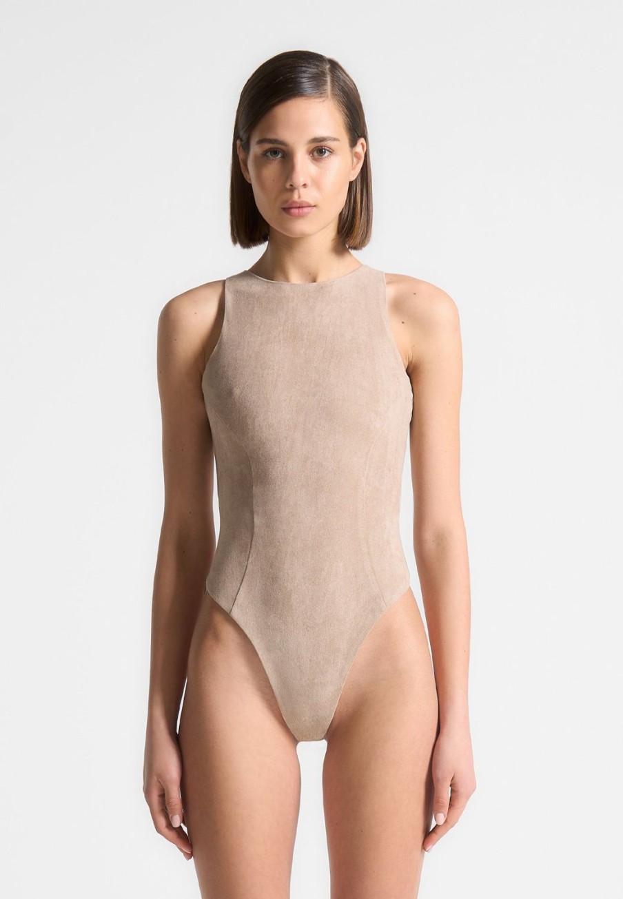 Maniere De Voir Eternelle Vegan Suede Racer Neck Bodysuit | Bodysuits