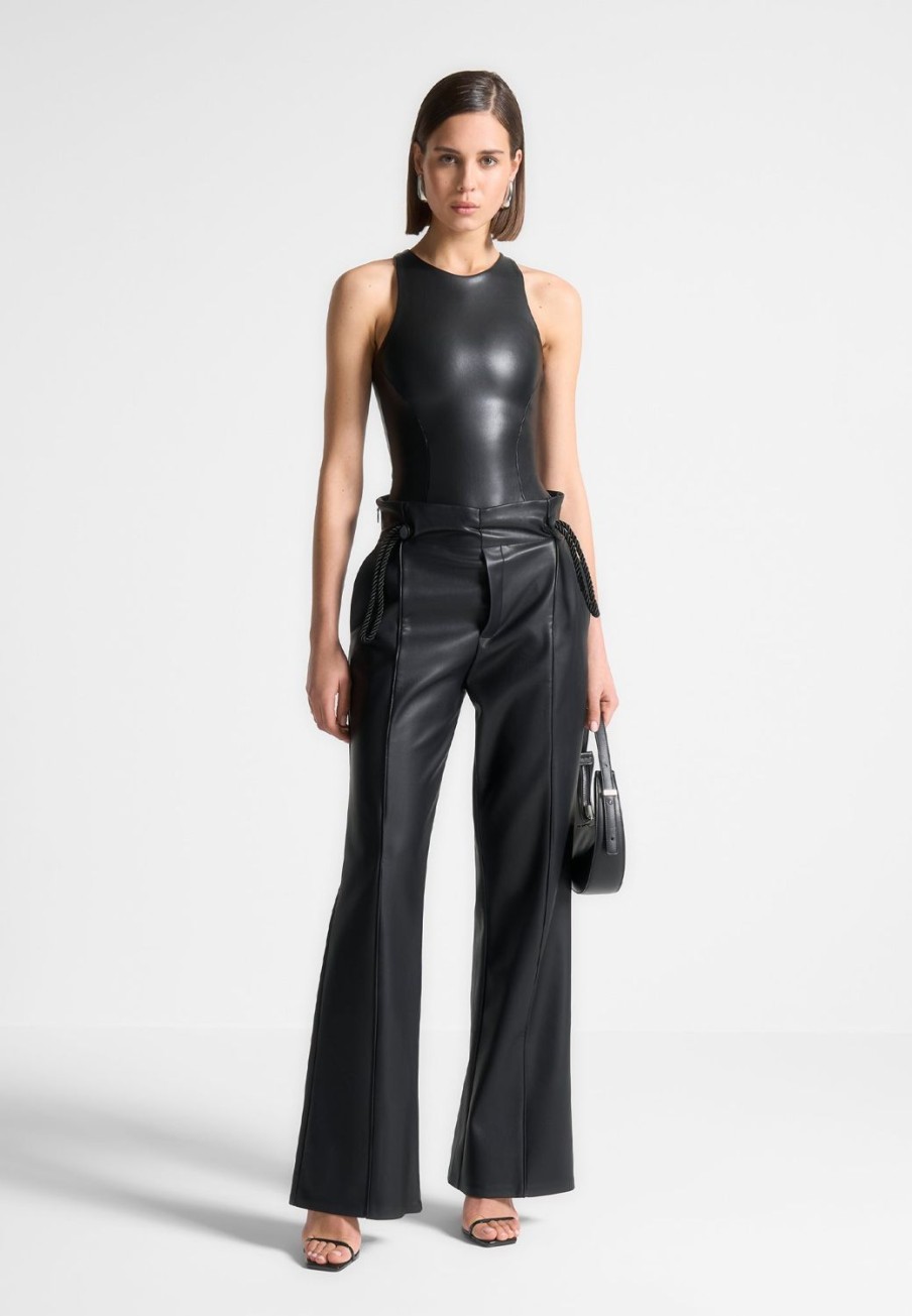 Maniere De Voir Eternelle Vegan Leather Racer Neck Bodysuit | Bodysuits