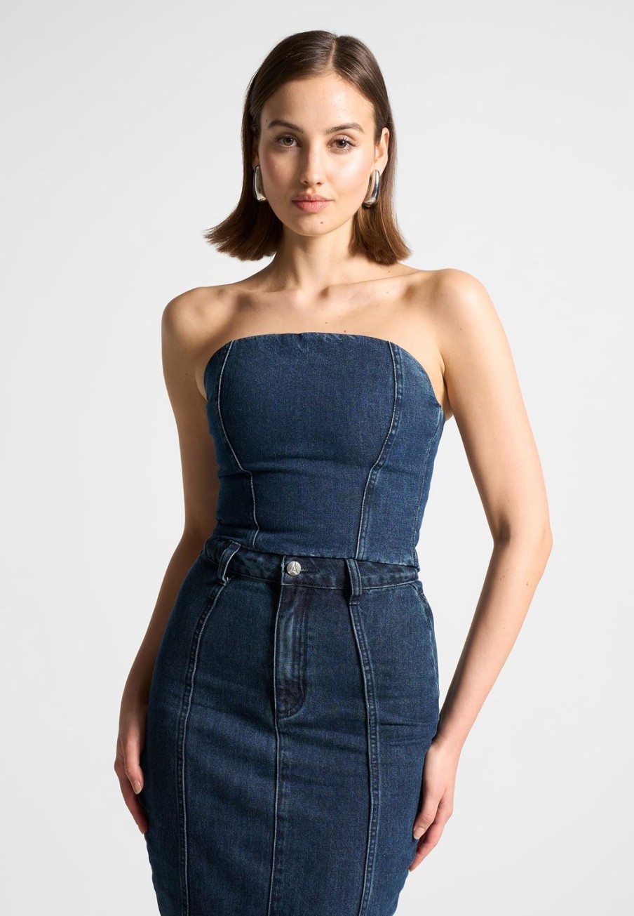 Maniere De Voir Denim Bandeau Corset Top | Matching Sets