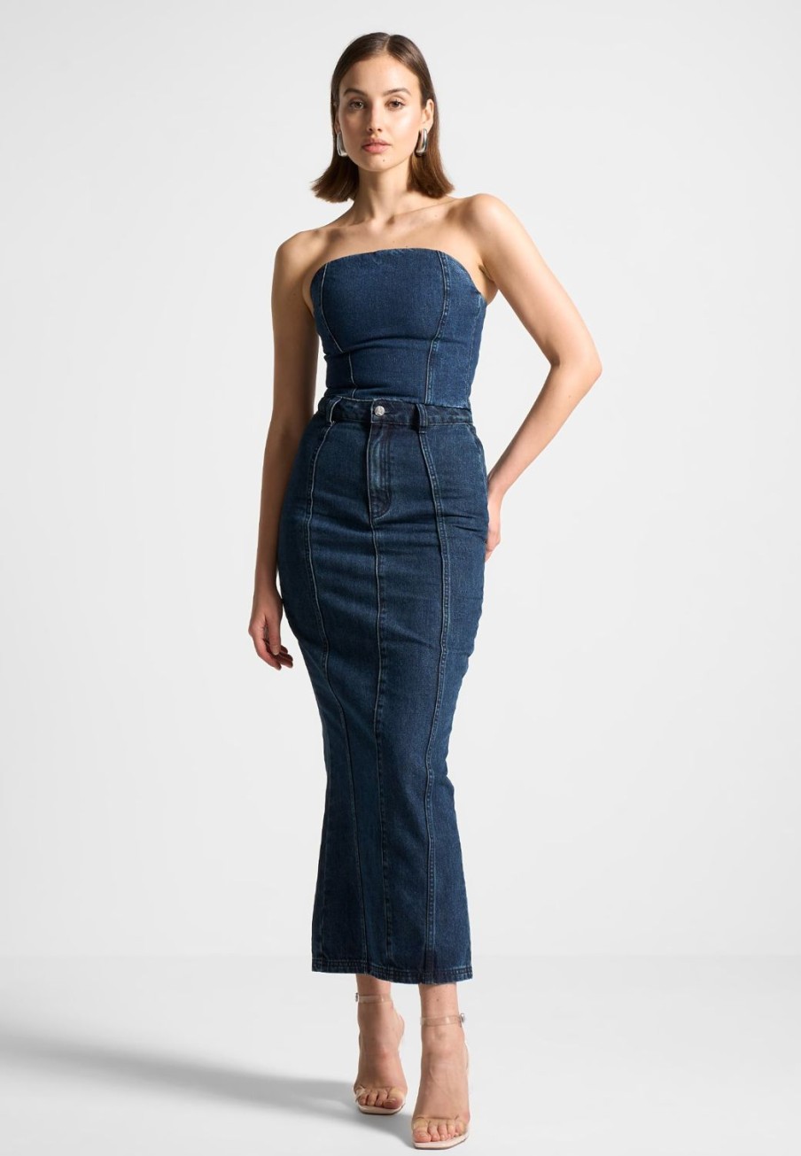 Maniere De Voir Denim Bandeau Corset Top | Matching Sets