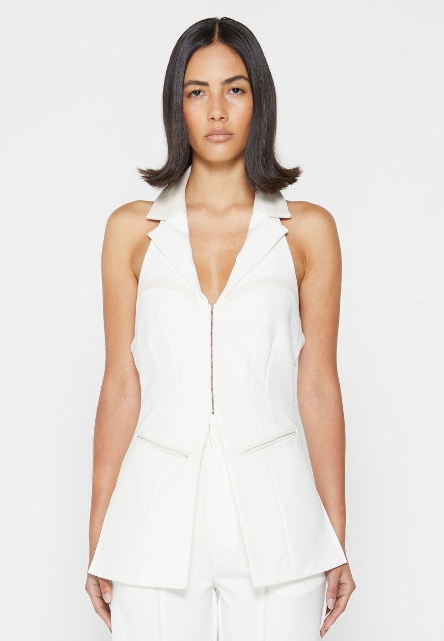 Maniere De Voir Open Back Waistcoat With Vegan Leather | Blazers & Waistcoats