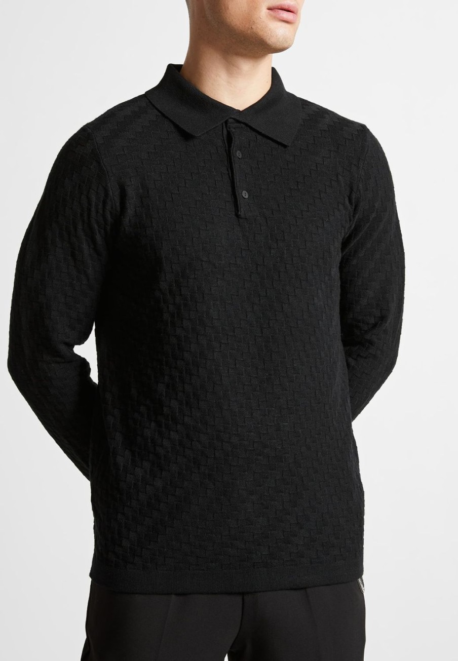 Maniere De Voir Cotton Blend Waffle Knit Long Sleeve Polo Top | Polo Tops