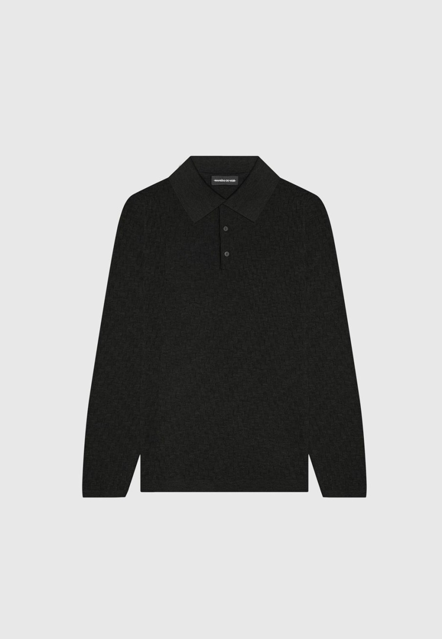 Maniere De Voir Cotton Blend Waffle Knit Long Sleeve Polo Top | Polo Tops