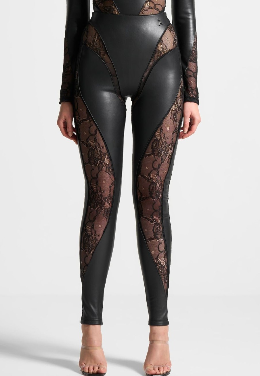 Maniere De Voir Vegan Leather And Lace Contour Leggings | Leggings