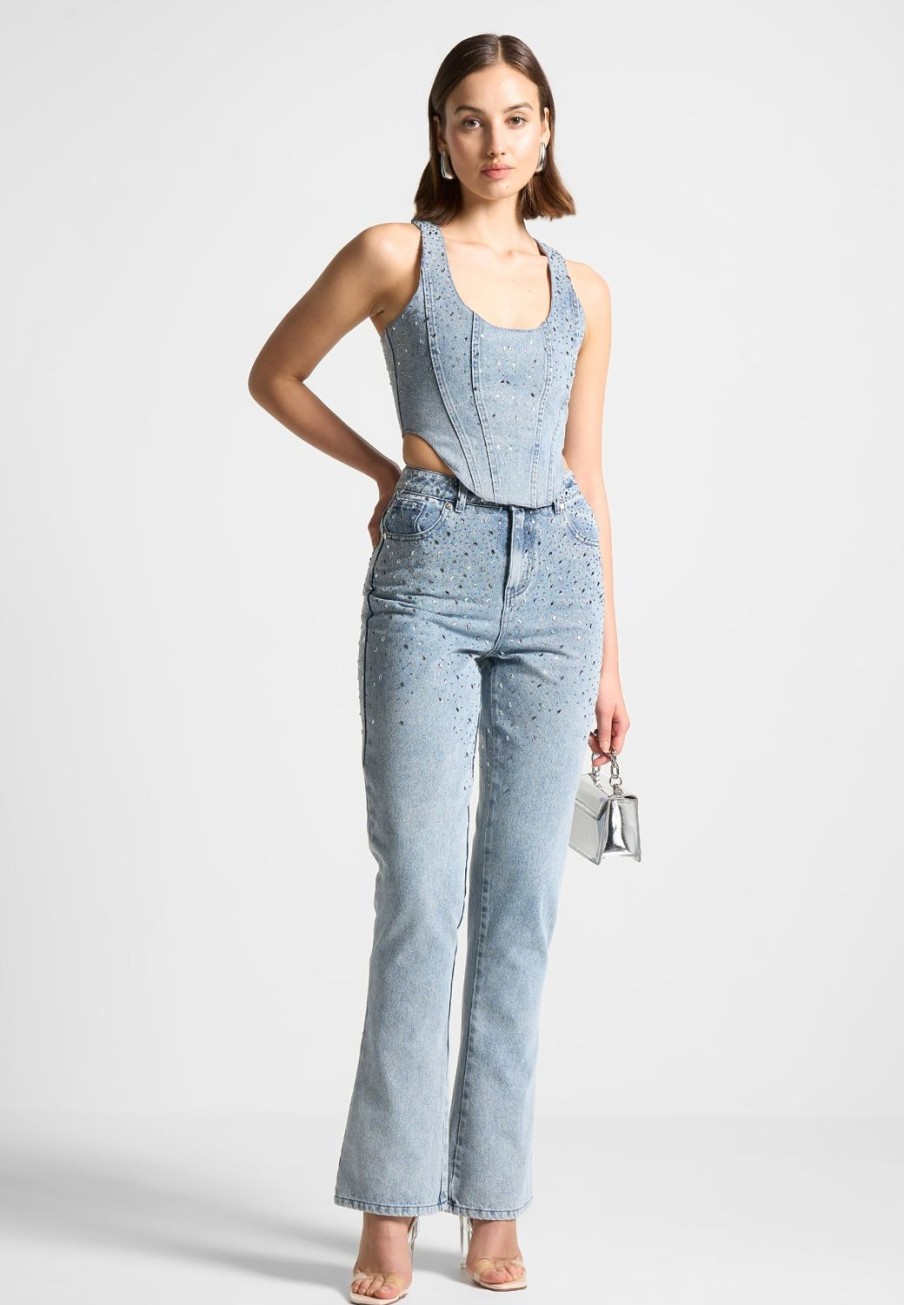 Maniere De Voir Scattered Rhinestone Denim Corset Top | Matching Sets