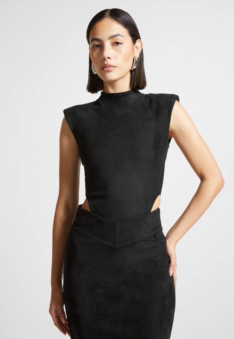 Maniere De Voir Vegan Suede Wide Shoulder Bodysuit | Matching Sets