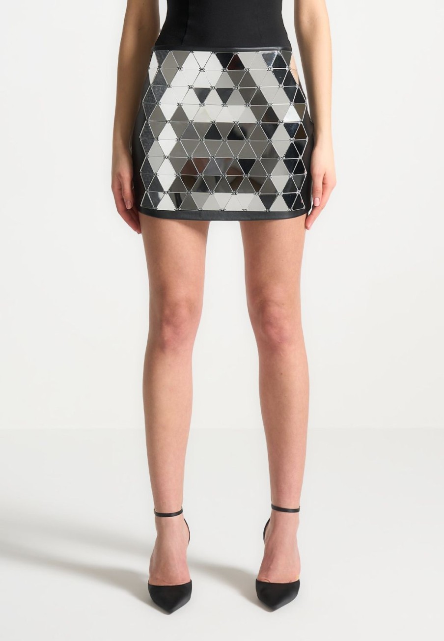 Maniere De Voir Vegan Leather Mirrored Mini Skirt - Silver/Black | Skirts