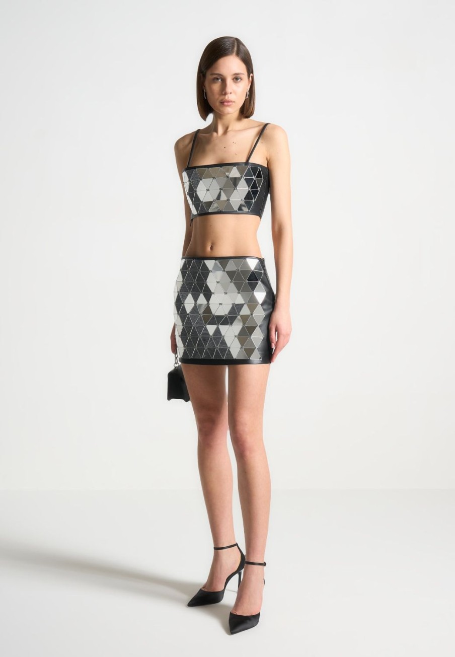 Maniere De Voir Vegan Leather Mirrored Mini Skirt - Silver/Black | Skirts