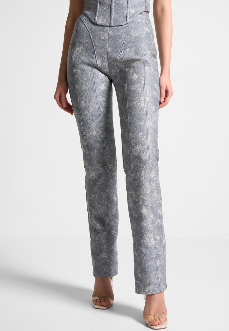 Maniere De Voir Vegan Leather Denim Effect Straight Leg Trousers | Matching Sets