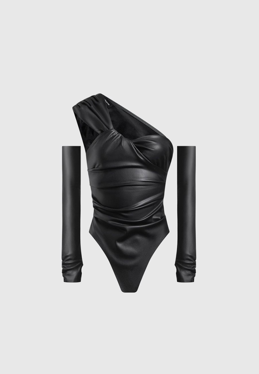 Maniere De Voir Vegan Leather Gathered Bodysuit With Sleeves | Bodysuits