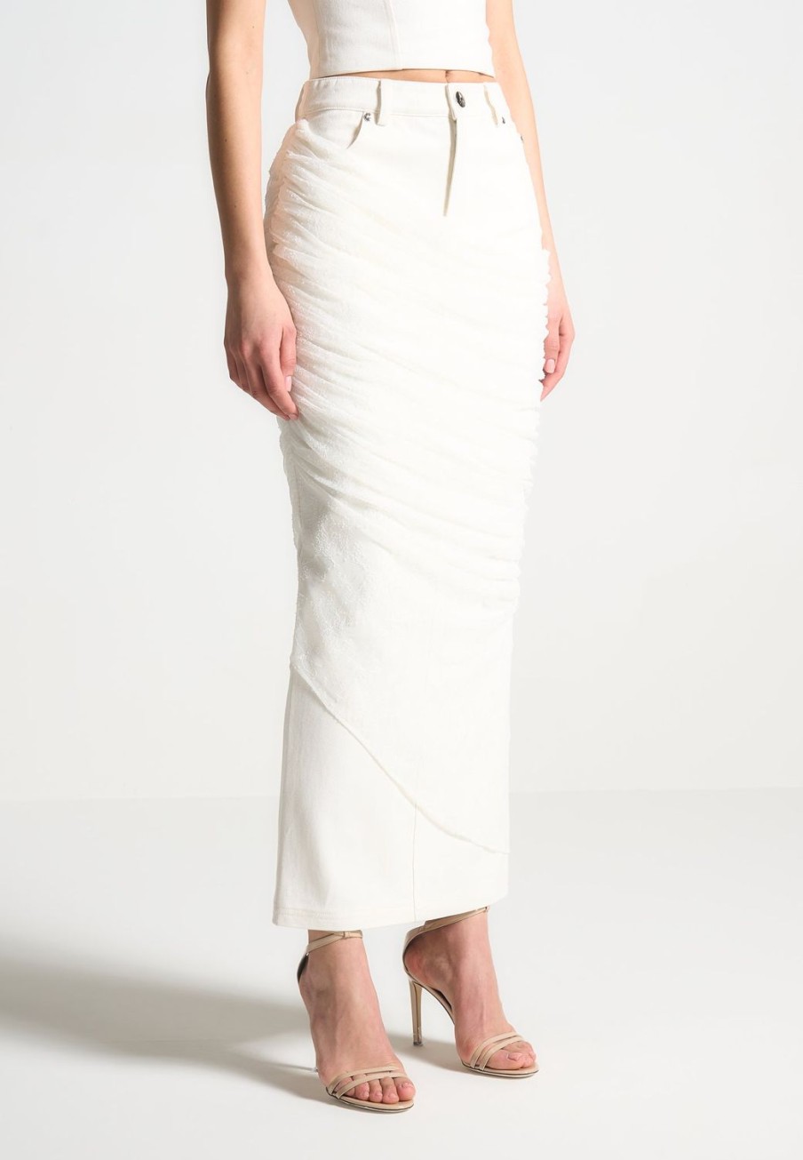 Maniere De Voir Draped Mesh Denim Maxi Skirt | Matching Sets