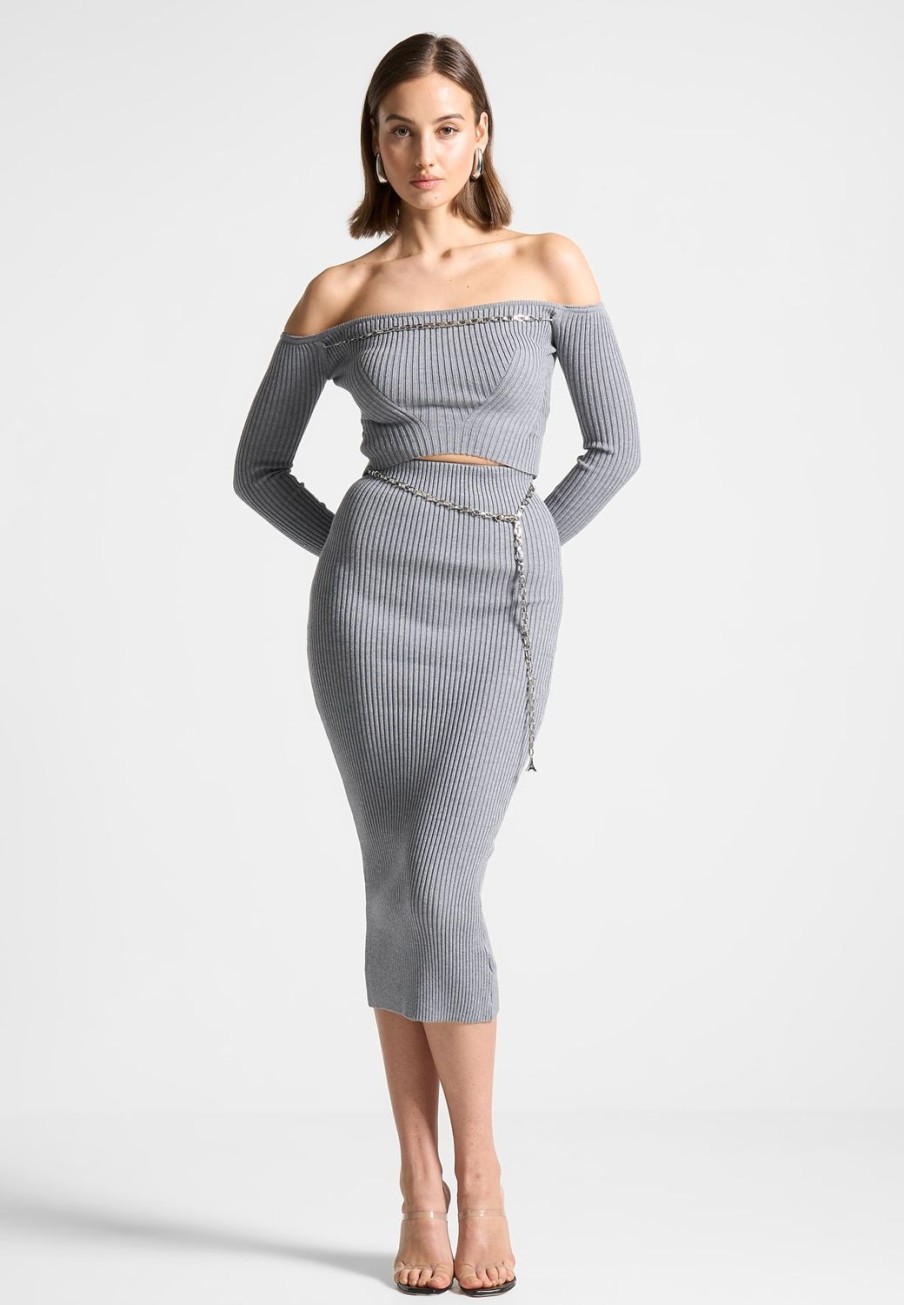 Maniere De Voir Ribbed Knit Midaxi Skirt With Chain Belt | Matching Sets