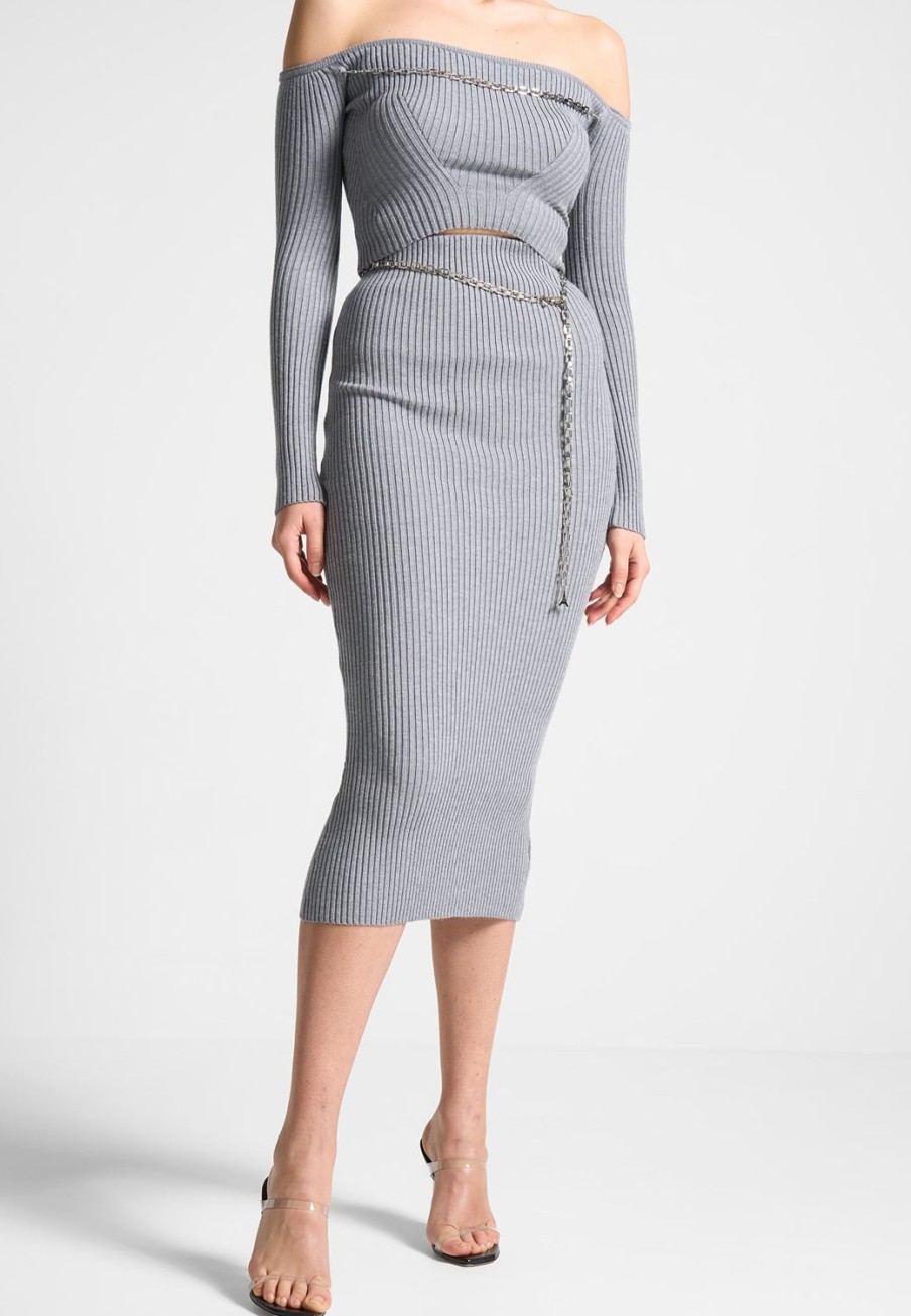 Maniere De Voir Ribbed Knit Midaxi Skirt With Chain Belt | Matching Sets