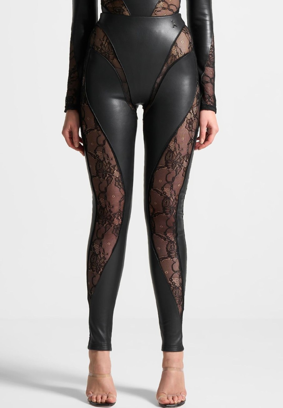 Maniere De Voir Vegan Leather And Lace Contour Leggings | Matching Sets