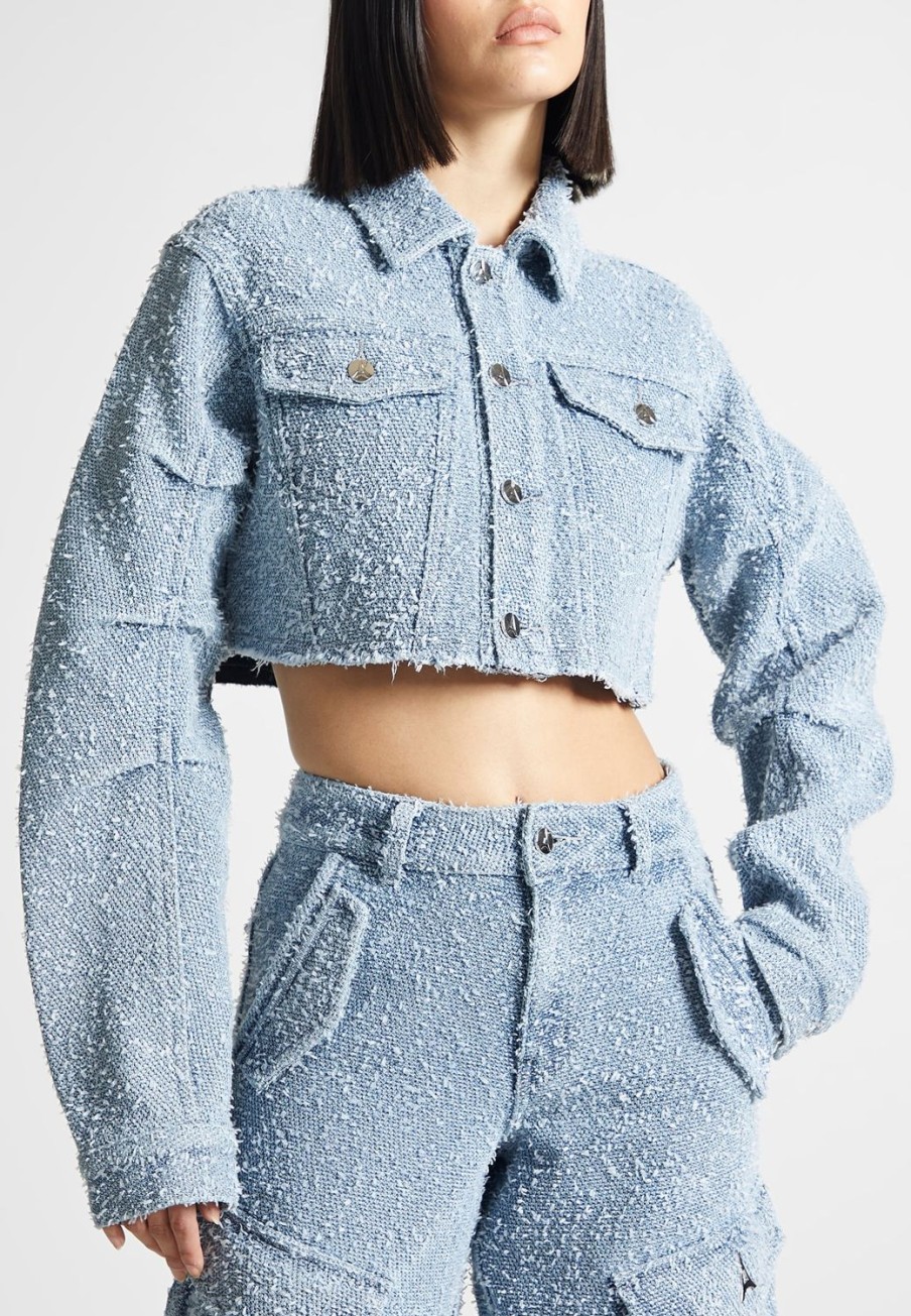 Maniere De Voir Cropped Boucle Denim Jacket | Jackets