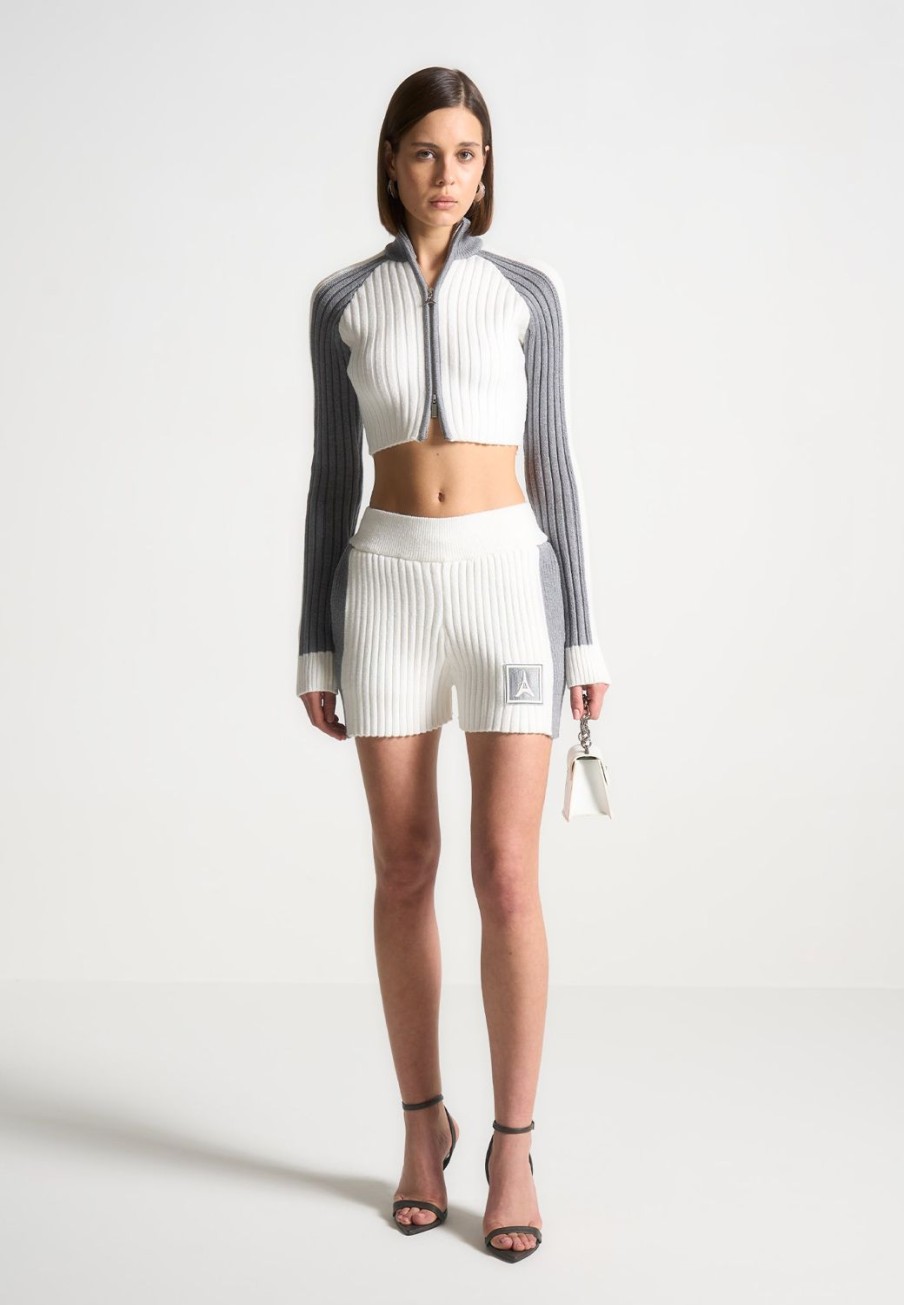 Maniere De Voir Rib Knit Track Jacket - Off White/Grey | Matching Sets