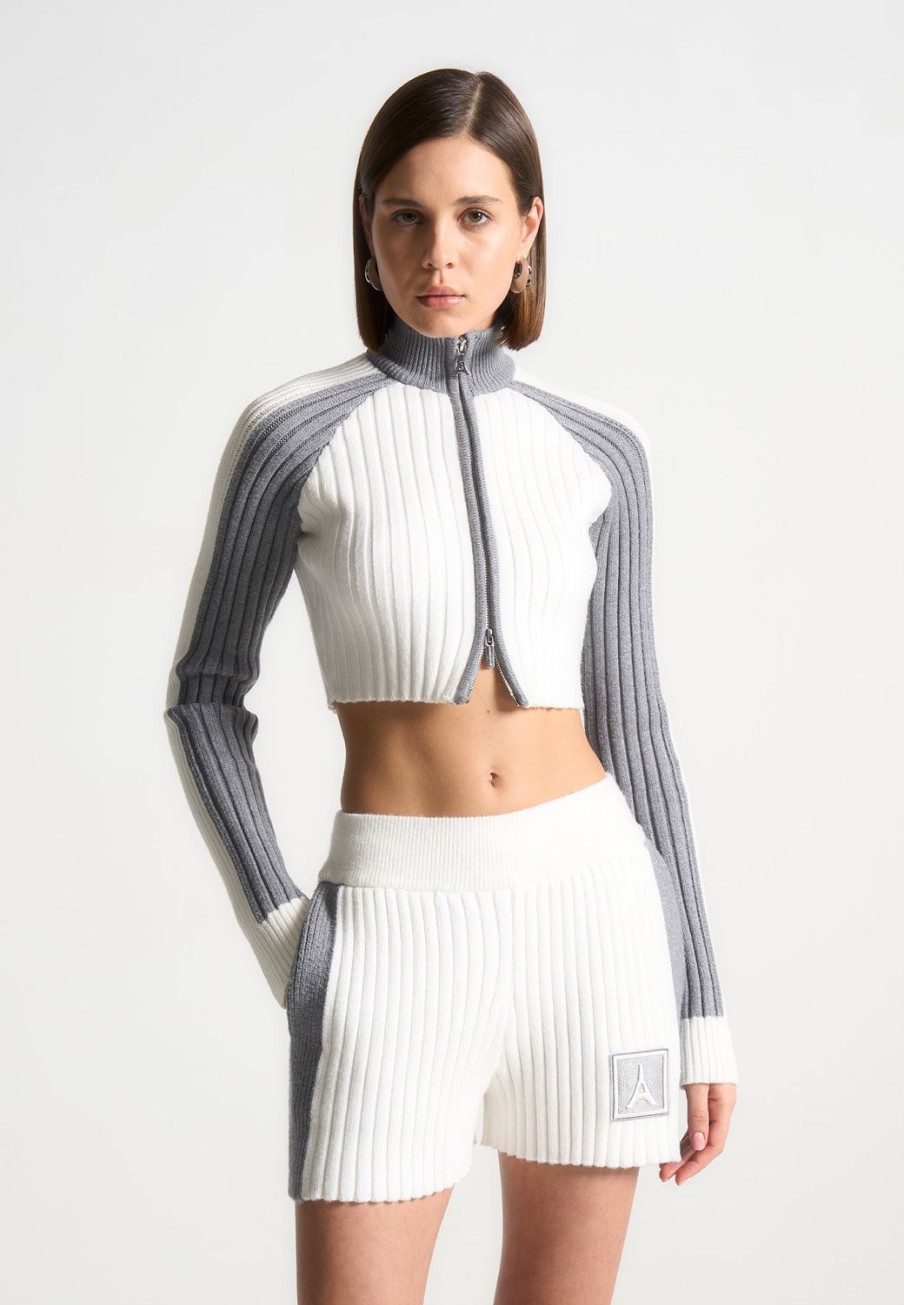 Maniere De Voir Rib Knit Track Jacket - Off White/Grey | Matching Sets