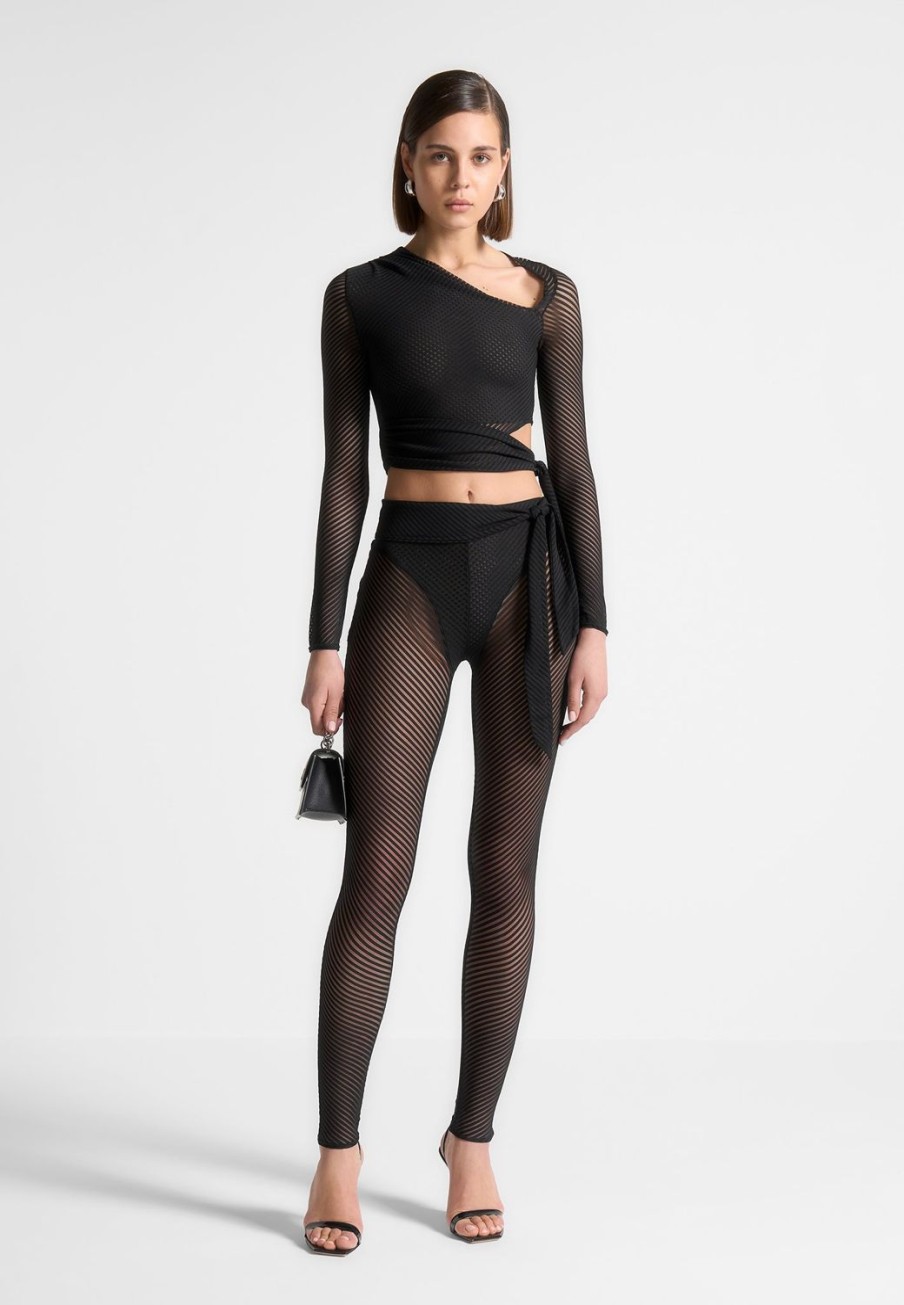 Maniere De Voir Ribbed Sheer Leggings With Tie | Leggings