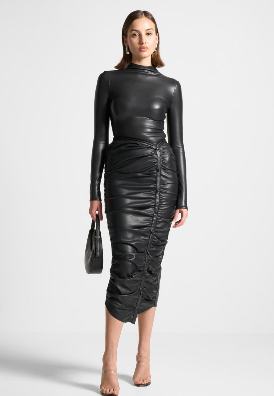 Maniere De Voir Vegan Leather Ruched Midaxi Skirt | Skirts