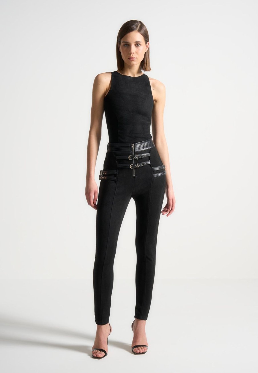 Maniere De Voir Vegan Suede Buckle Detail Leggings | Matching Sets