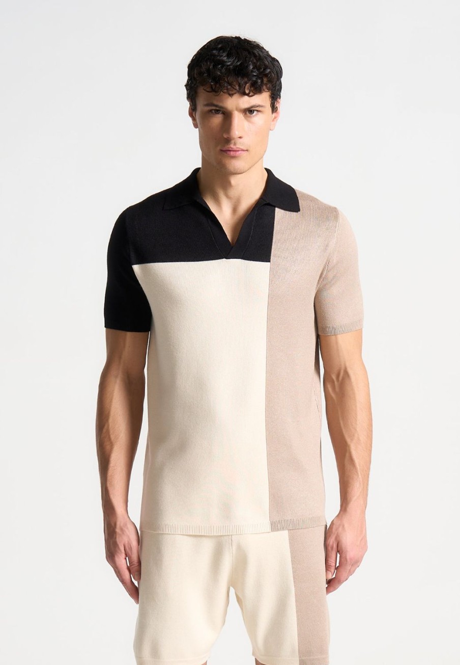 Maniere De Voir Colour Block Knit Revere Polo Top - Black/Beige | Polo Tops