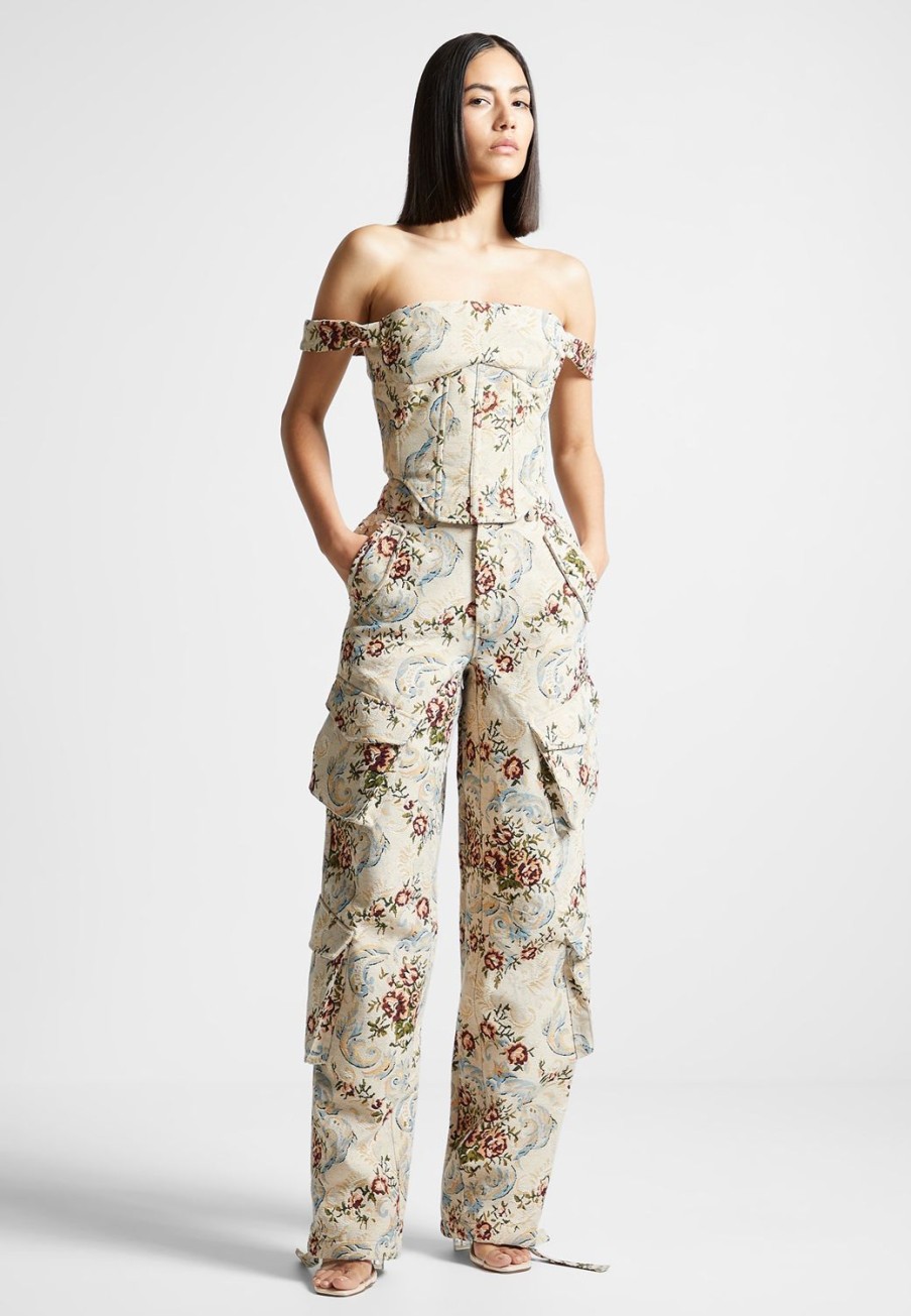 Maniere De Voir Floral Jacquard High Waisted Cargo Pants | Matching Sets