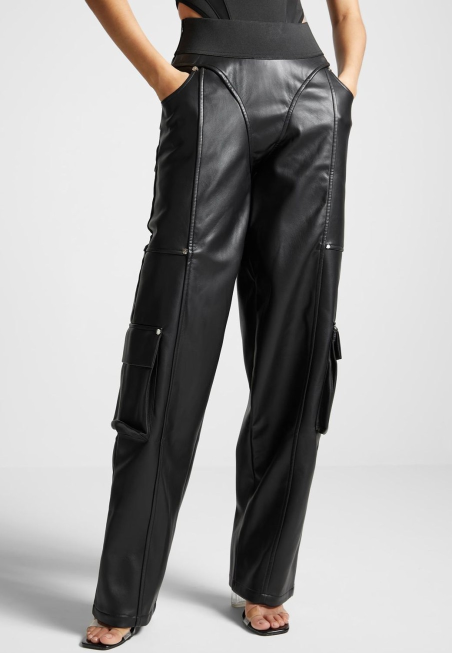 Maniere De Voir Elasticated Waist Vegan Leather Cargo Trousers | Cargo Pants & Joggers