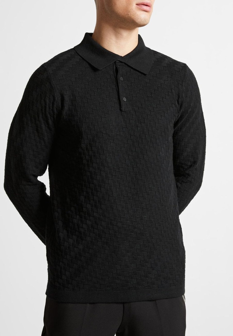 Maniere De Voir Cotton Blend Waffle Knit Long Sleeve Polo Top | Knitwear