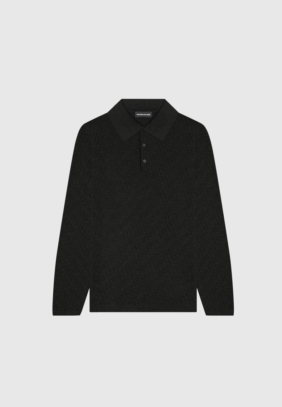 Maniere De Voir Cotton Blend Waffle Knit Long Sleeve Polo Top | Knitwear