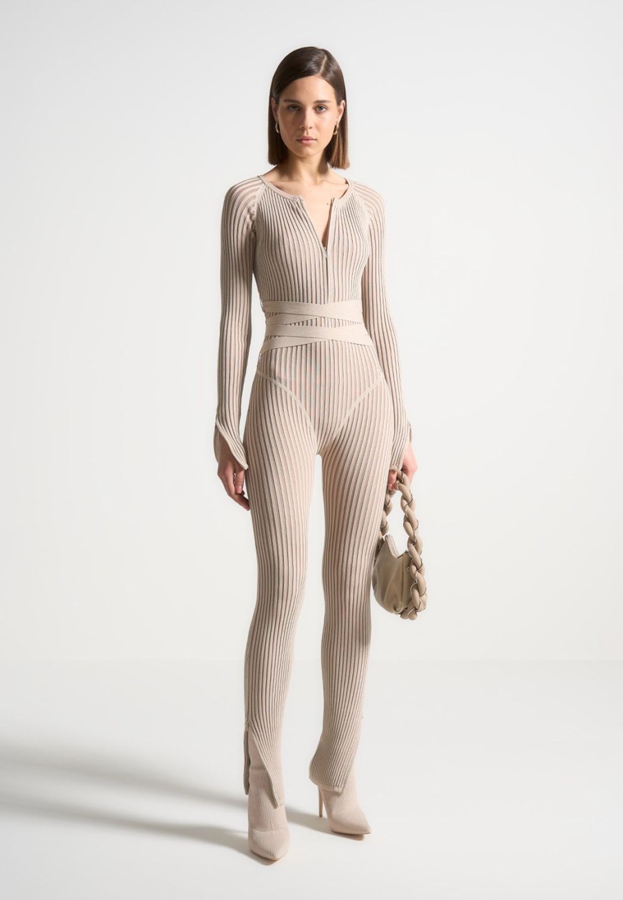 Maniere De Voir Knitted Two Tone Jumpsuit With Belt | Jumpsuits & Playsuits