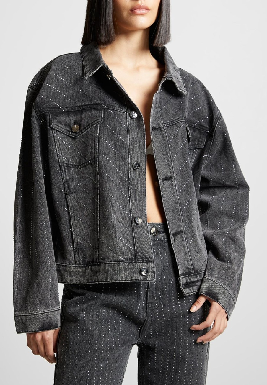 Maniere De Voir Oversized Rhinestone Denim Jacket | Jackets