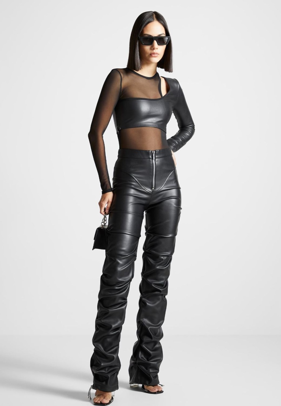 Maniere De Voir Vegan Leather Overlay Mesh Bodysuit | Bodysuits