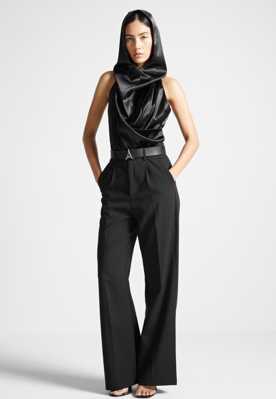 Maniere De Voir Hooded Cowl Neck Satin Wrap Bodysuit | Bodysuits