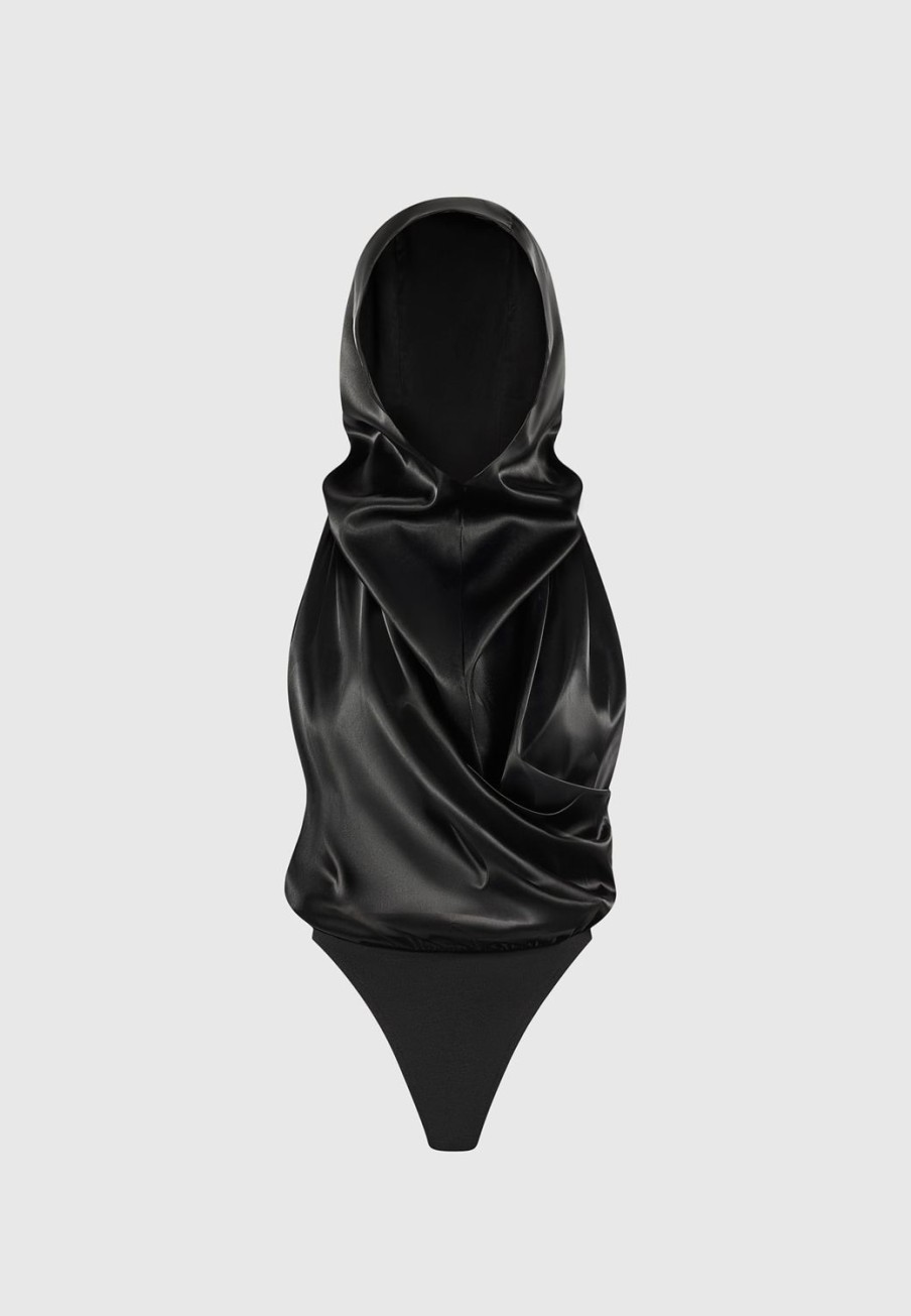 Maniere De Voir Hooded Cowl Neck Satin Wrap Bodysuit | Bodysuits