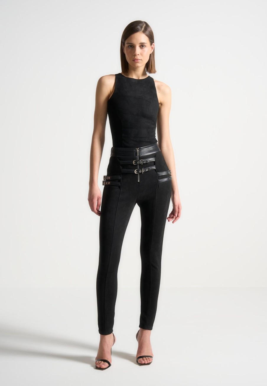 Maniere De Voir Vegan Suede Buckle Detail Leggings | Leggings