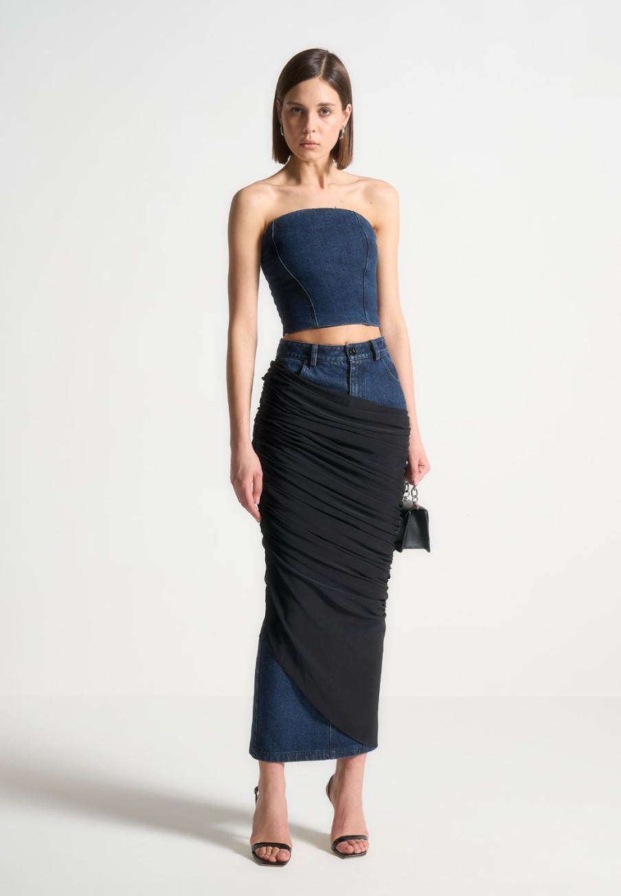 Maniere De Voir Draped Mesh Denim Maxi Skirt | Matching Sets