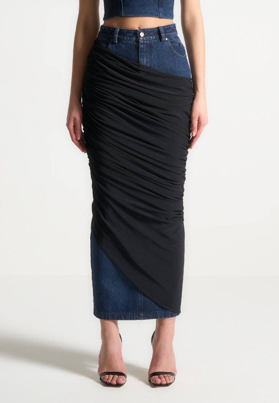 Maniere De Voir Draped Mesh Denim Maxi Skirt | Matching Sets