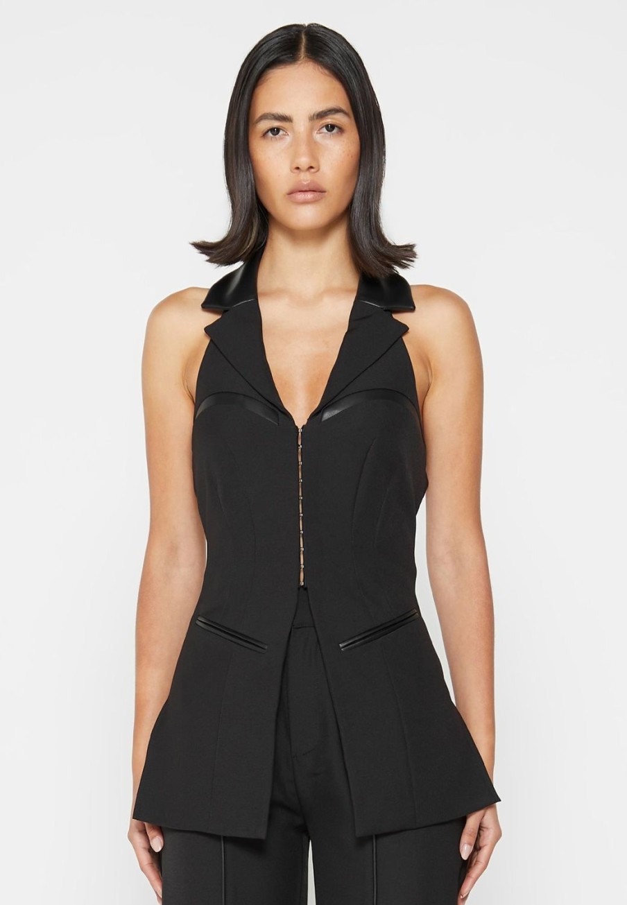 Maniere De Voir Open Back Waistcoat With Vegan Leather | Blazers & Waistcoats