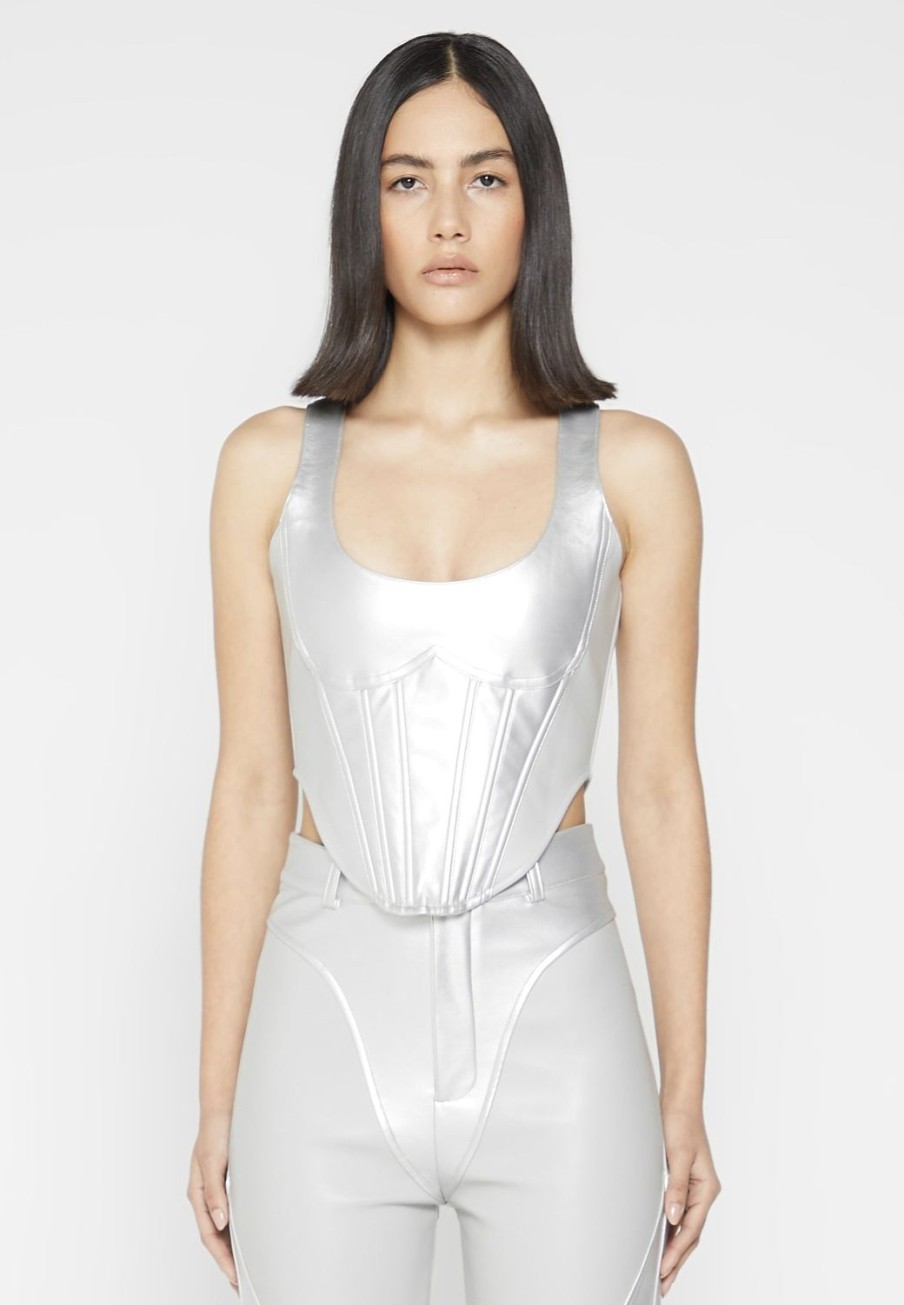 Maniere De Voir Vegan Leather Metallic Corset Top | Tops & T Shirts