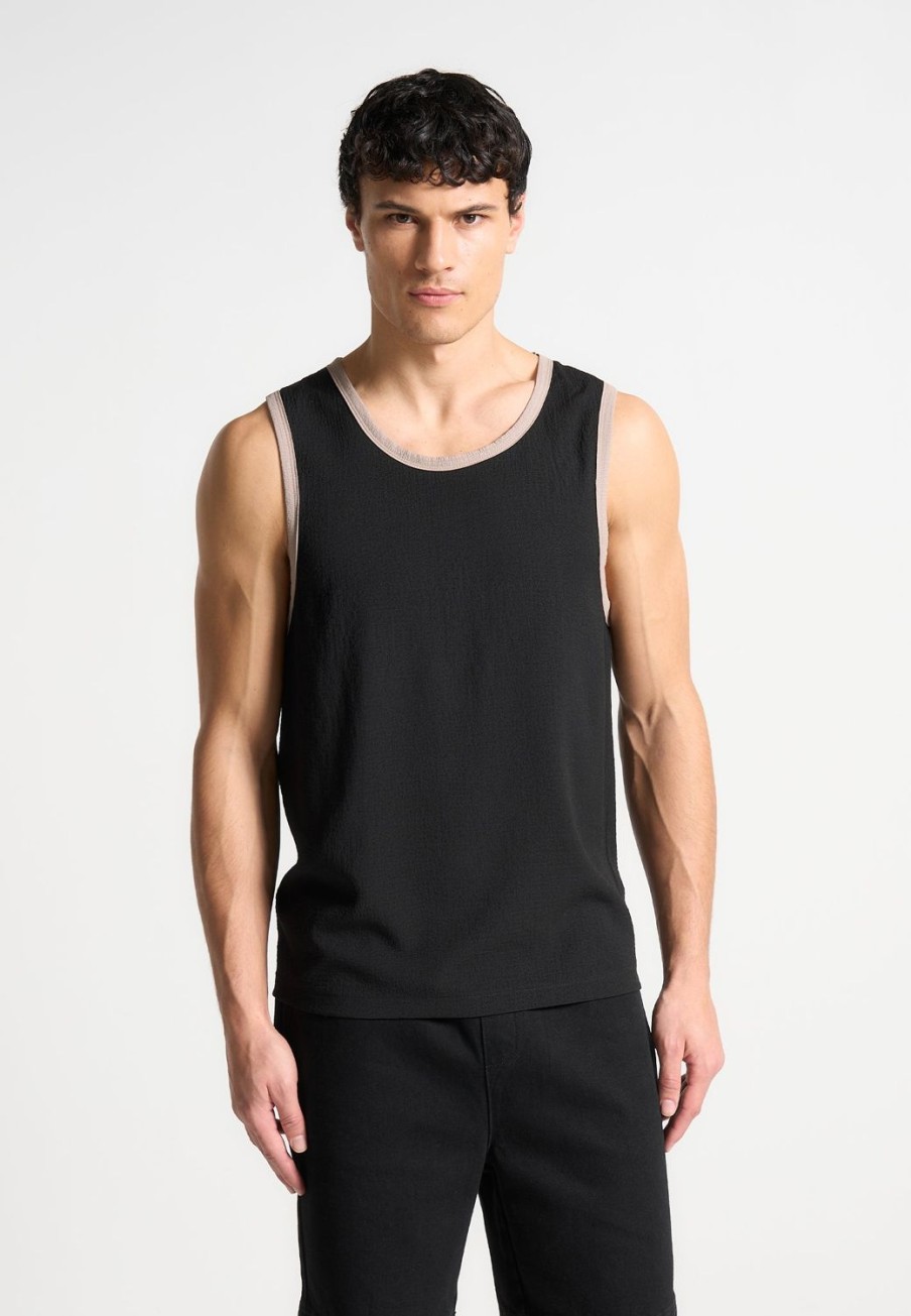 Maniere De Voir Seersucker Vest - Black/Beige | T-Shirts & Tops