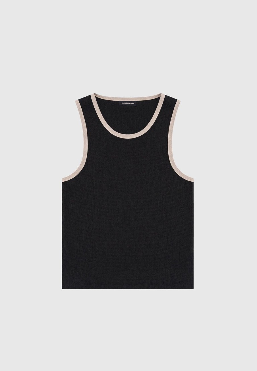 Maniere De Voir Seersucker Vest - Black/Beige | T-Shirts & Tops