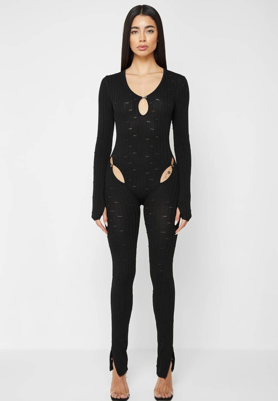 Maniere De Voir Distressed Knitted Cut Out Jumpsuit | Jumpsuits & Playsuits